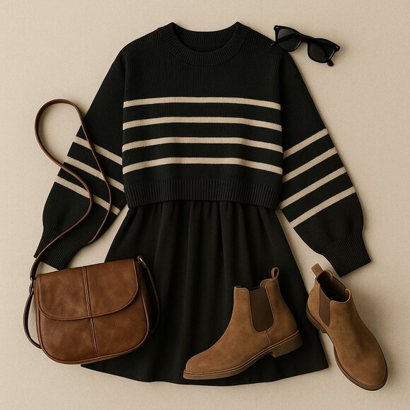 NWT Black Oversized Sweater Dress with Striped Detail | Tiered Swing Mini Dress - Picture 1 of 8